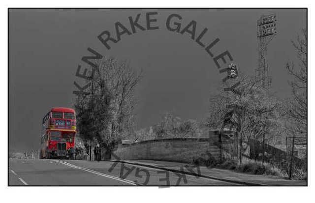    Classic London RT Bus passing Brentford FC&#039;s Floodlights.  Ealing Road, Brentford  - Giclee Print 680MM X 400MM 