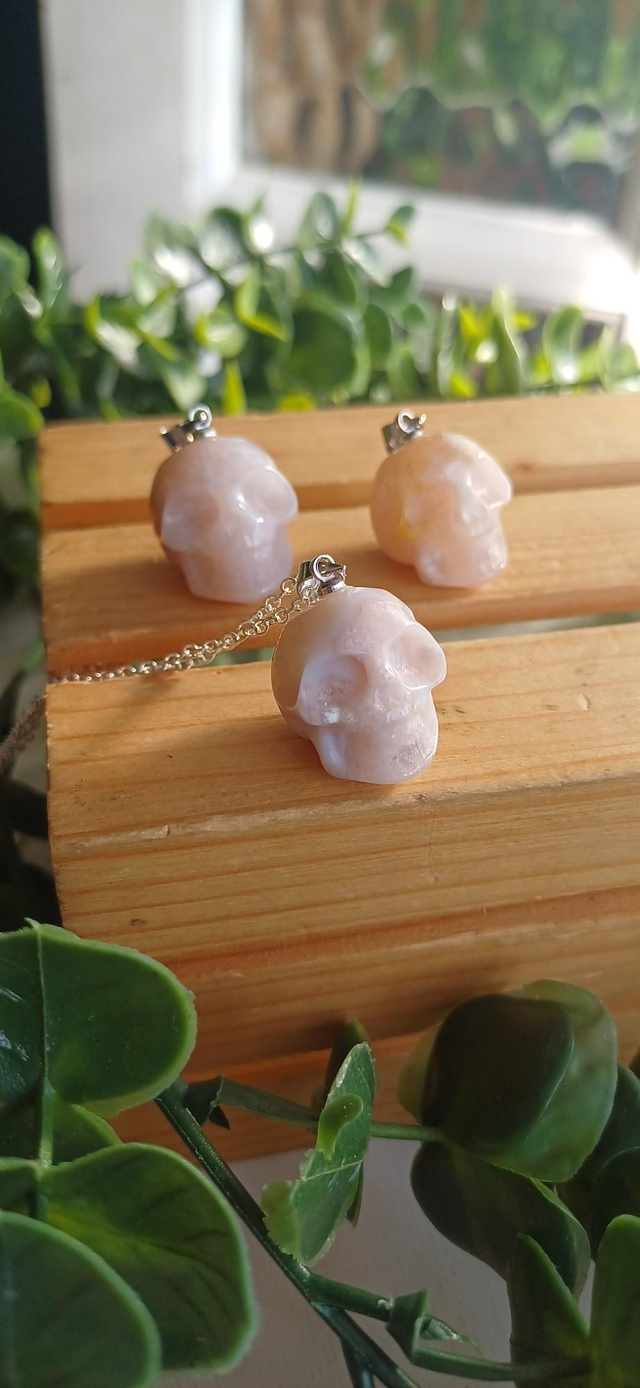 Flower Agate Skull Pendant on 925 Silver Plated chain