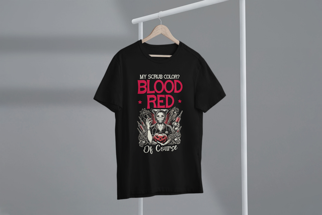 My Scrub Color Blood Red Of Course, Halloween Nurse Style. Mein Peeling hat natürlich die Farbe Blutrot, im Halloween-Krankenschwester-Stil