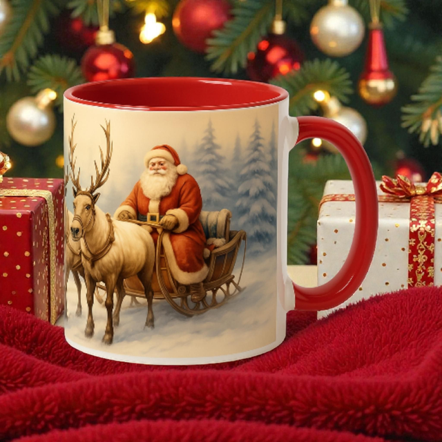 Tasse de Noël – Traîneau Festif et Rennes dans un Paysage Hivernal