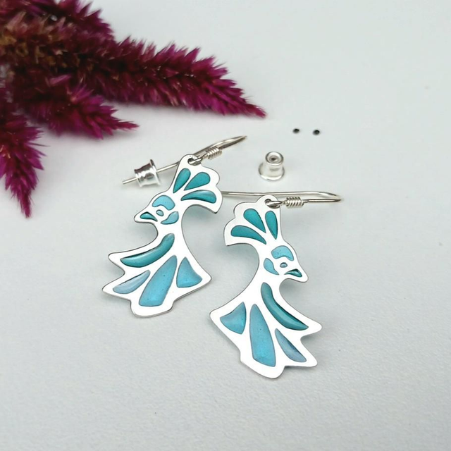 Boucles d’oreilles « Oiseaux » – Émail Plique à Jour sur Argent