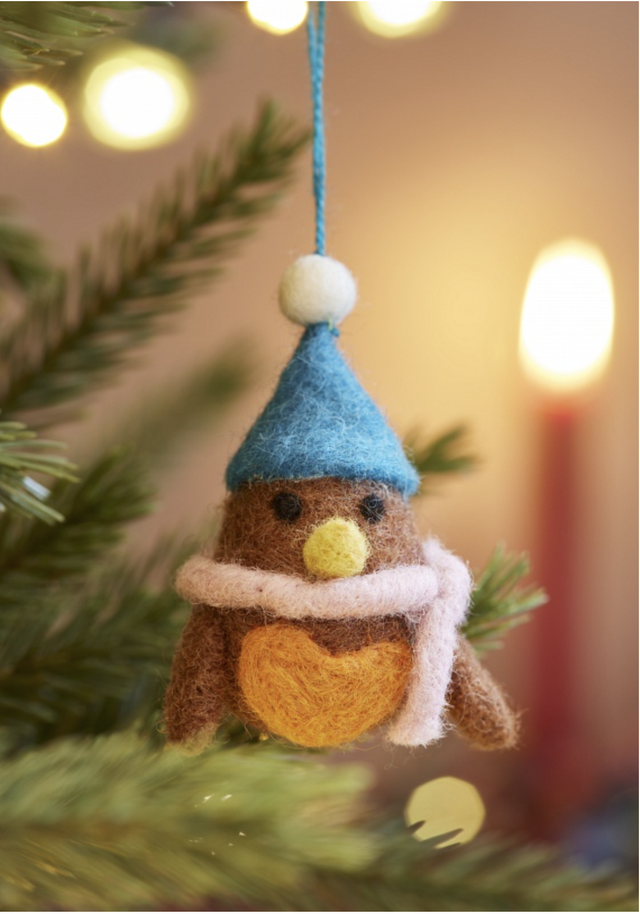 Set of 5 Hanging Felt Robin Decorations