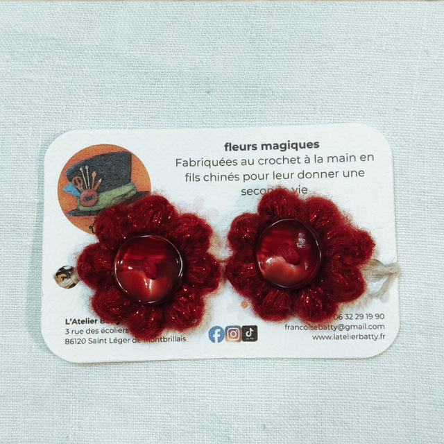 Boutons nacrés rouges Fleurs Pomponettes rouges pailletées 
