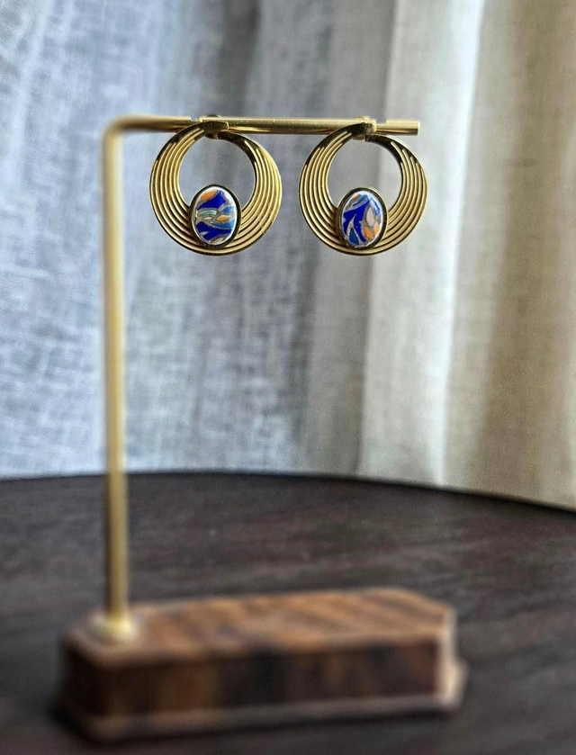 Paire de boucles d’oreilles - porcelaine Thaïlandaise - acier inoxydable doré 