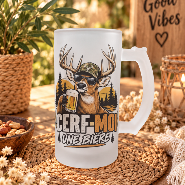 Chope à bière en verre givré "Cerf moi une bière" 16Oz