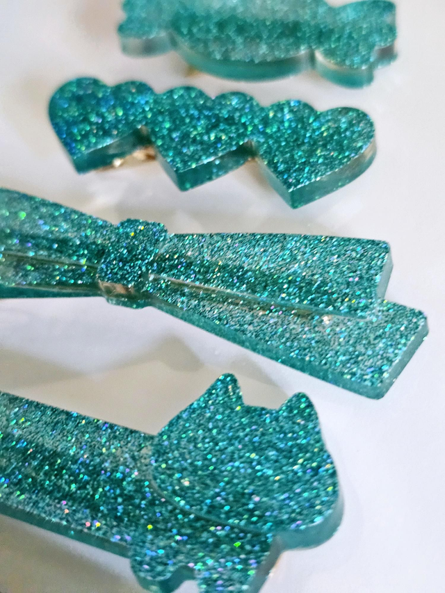 SET 5 BARRETTES ENFANT BLEU/VERT A PAILLETTES