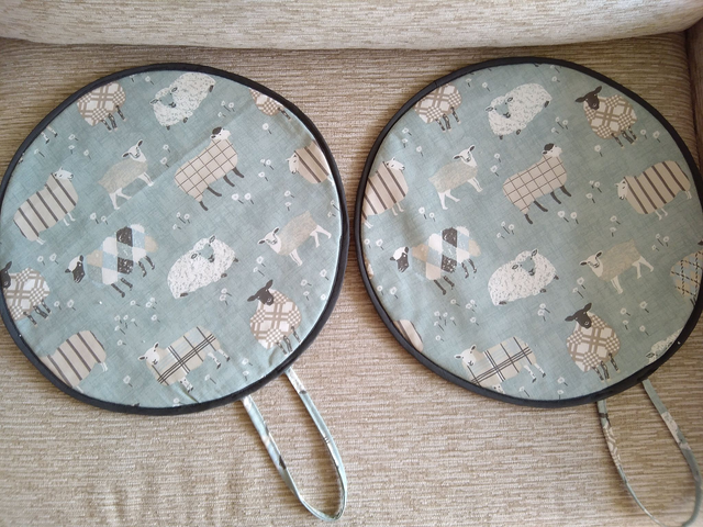 Pair of Aga Lid Covers Duck Egg Baa Baa Sheep Print Fabric with grey binding