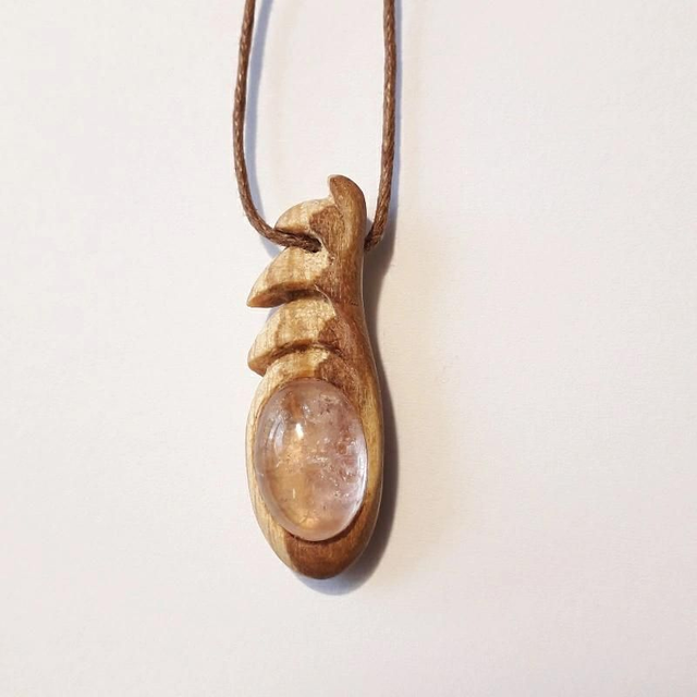 Morganite Necklace with hand carved Palo Santo wood 