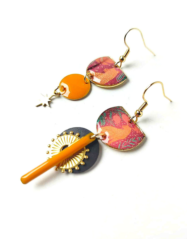 Boucles d'oreilles Asymétriques Upcyclées en Chambre à Air et Papier Recyclés - Félines