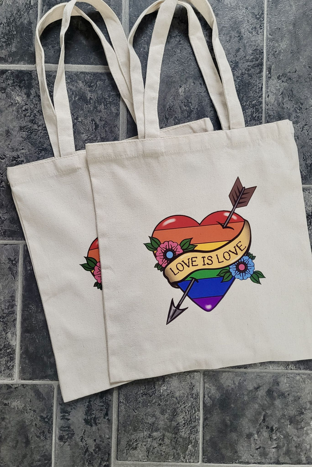 Love is Love Rainbow Pride Flag Heart &amp; Scroll Tattoo Tote Bag
