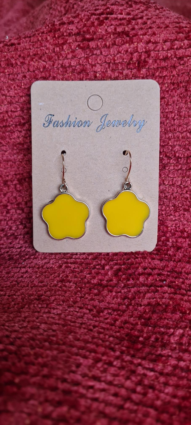 5 Petal Gold Yellow Enamel Flower Earrings