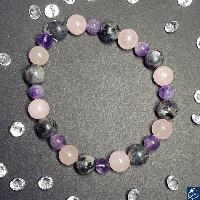 Bracelet élastique en améthyste, labradorite noire et quartz rose