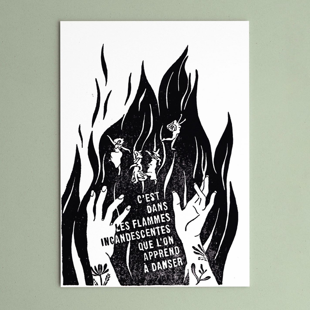 Linogravure féministe "Flammes incandescentes"