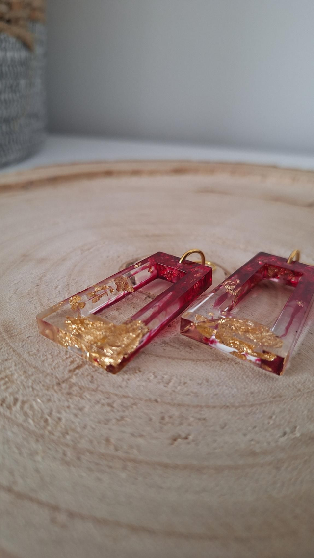 Boucles d'oreilles rectangles rose/feuille d'or 