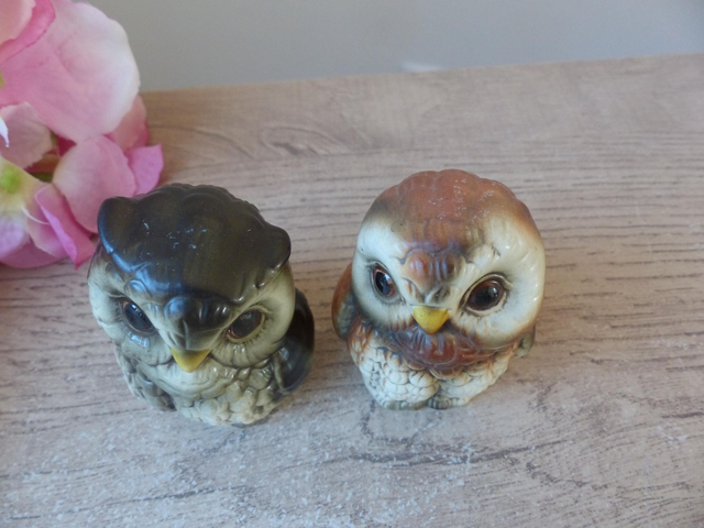 Vintage couple de chouettes en céramique fabriquées en Corée peintes à la main Vaga International, collection mignons bébés animaux oiseaux