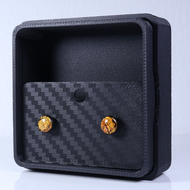 Hypoallergenic Vibrant Electric Cracked Orange Black Polymer Clay Plastic Rubber Back Stud Earrings With Designer Carbon Fiber Jewellery Box