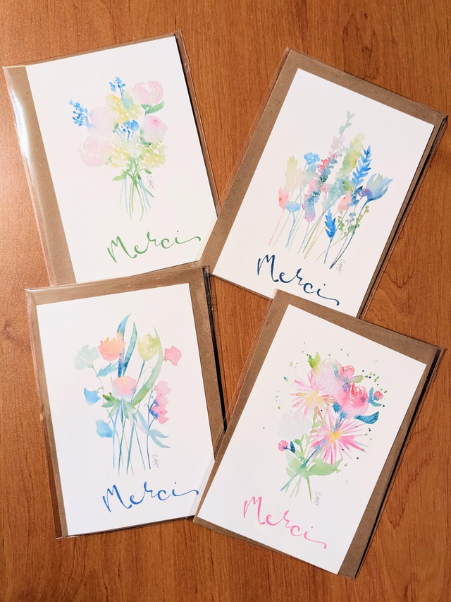 Carte Merci fleurie, divers motifs colorés