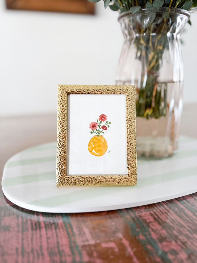 Aquarelle originale - Cadre doré miniature avec vase et dahlias