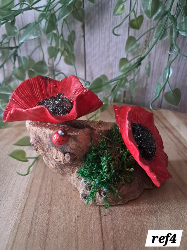 🌺moyen Coquelicot décoratif artisanal – Argile autodurcissante &amp; bois flotté ref4