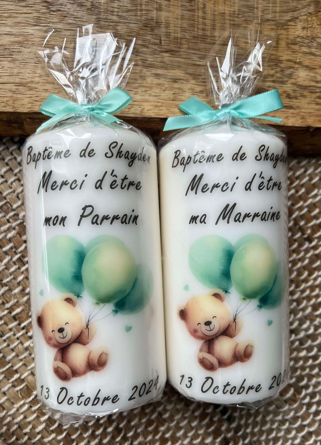 Bougie baptême, communion, naissance thème ours et ballons