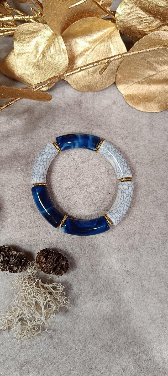 Bracelet perles bleues et blanc marbré