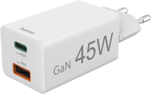 Hama Ladegerät 201993 Mini-Lader, GaN, 1 USB-C+A, 45W Weiss