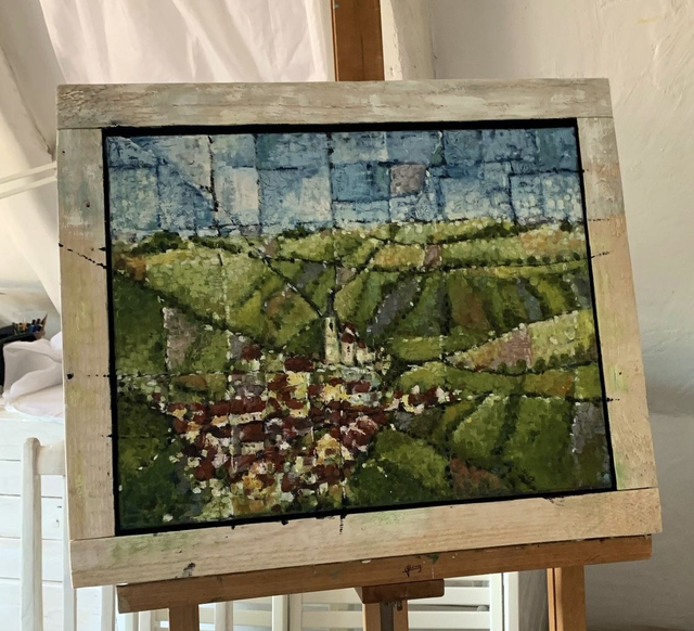 Acrylbild Landschaft mit Dorf- 51x59cm Ailringen, Jagsttal in Hohenlohe