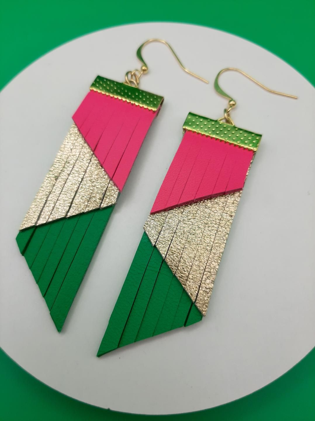 Fringed earrings - pink / green