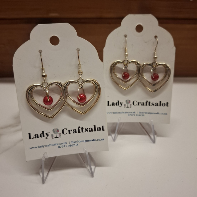 Silver Heart with Red Bead Earrings