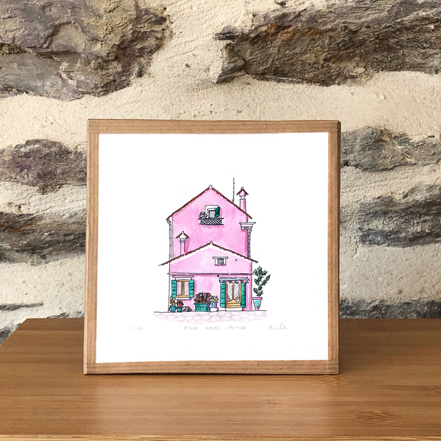 Pink House Print, Mexico Watercolor, Art Print - Bohemian Home Decor