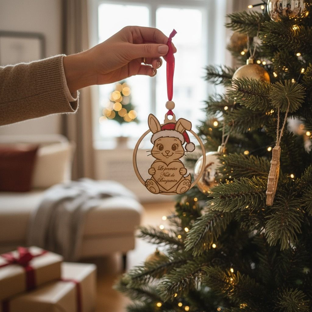 Boule de Noël en bois personnalisée - premier Noël, cadeau de naissance avec prénom, déco Lapin