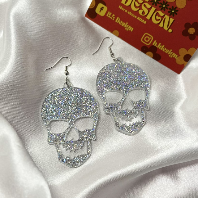 Silver Glitter Skull Earrings 