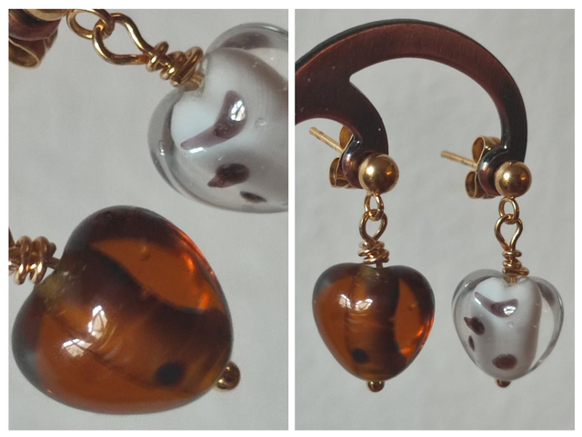 Z- Boucles d&#039;oreilles coeur en verre marron et crème en acier inoxydable doré -sans nickel pièce unique 