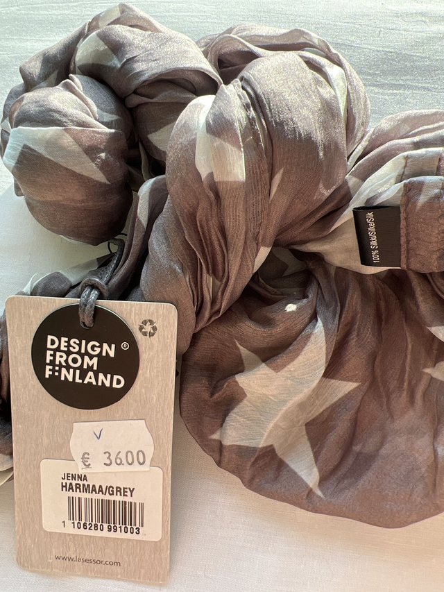 Lasessor Jenna 100%silkkiä harmaa tuubihuivi valkoisin tähdin 