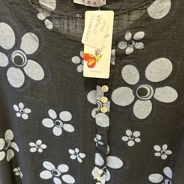 New Collection - Blue Linen Top with Flower Detail - Free Size - 1014