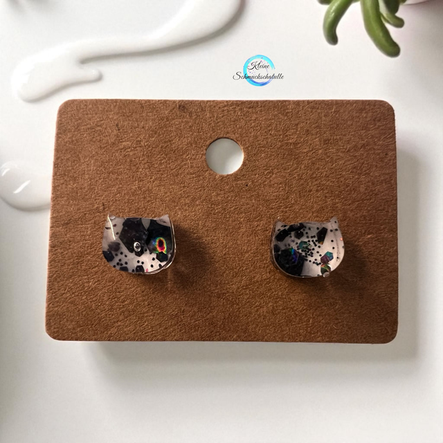Ohrstecker Katze, schwarz Glitter / weiß