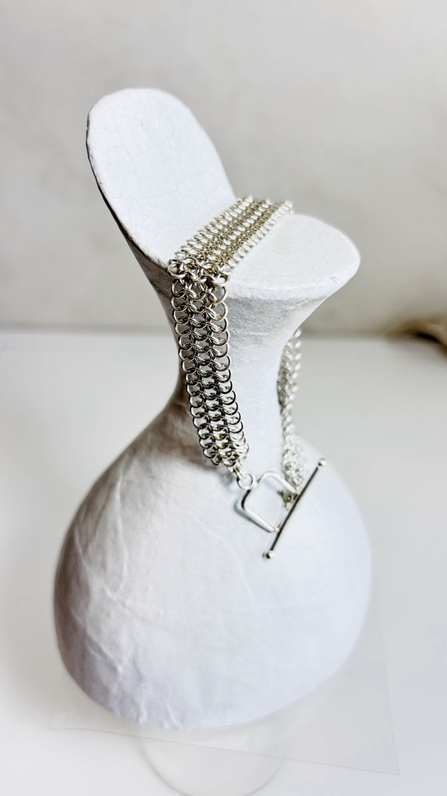 Bracelet Cotte de maille 5 rangs Plaqué Argent Vif Fermoir bouée