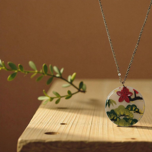 Collier acier inoxydable motifs japonais vert kaki et rouge