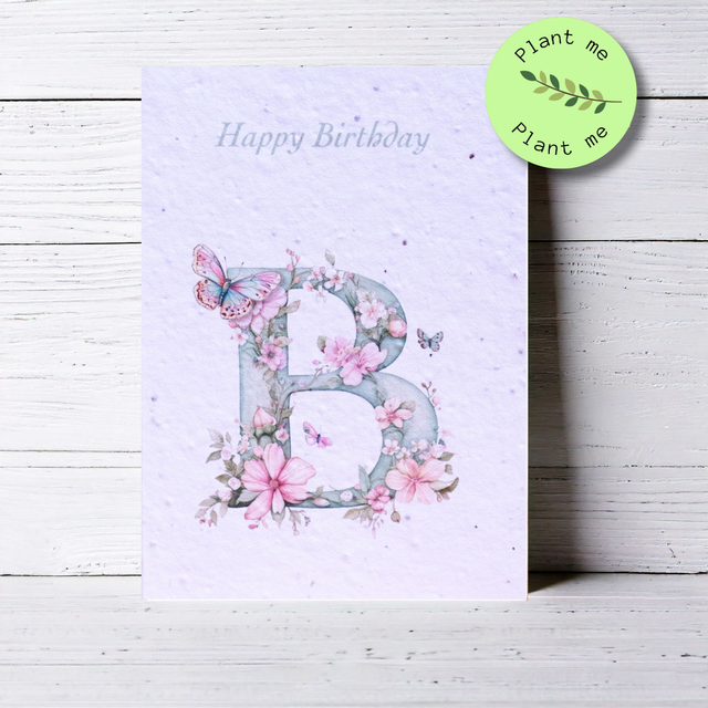 Plantable Initial Birthday card in pretty pastel tones with flowers.
