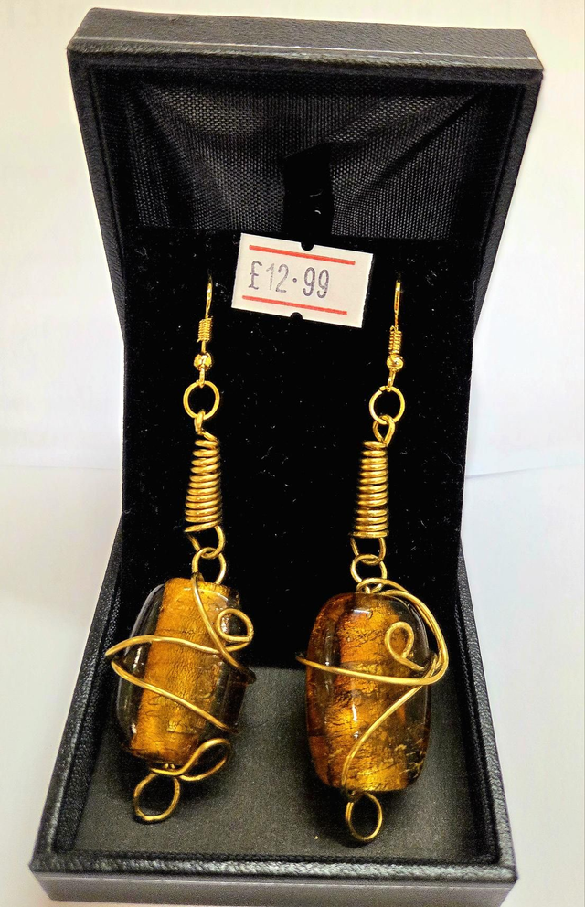 Gold Wire Wrapped amber Glass Earrings