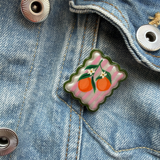 Orange Blossom Pink Stripe Postage Stamp Pin Badge