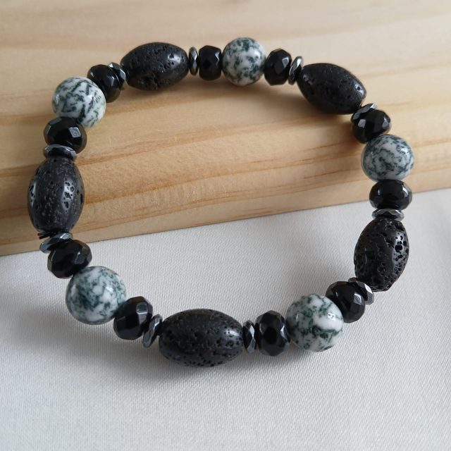 Heren armband Boomagaat, Lavasteen en Onyx – elastisch – 17 cm (2.060)