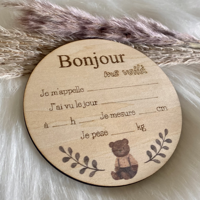 Carte de naissance en bois à remplir - Modèle Bonjour