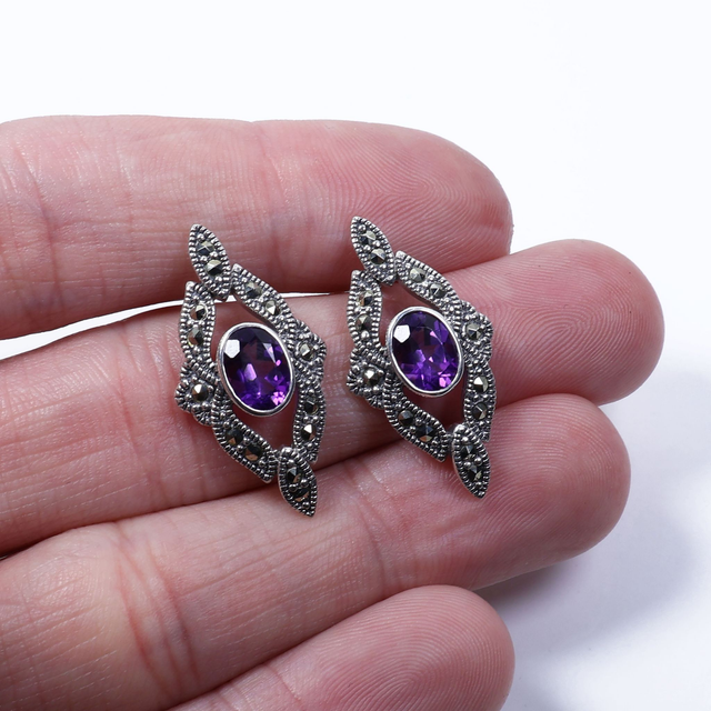 Art Deco Style Sterling Silver 925 Oval Cut 1ct Rich Deep Purple Amethyst Marcasite Gemstone February Birthstone Diamond Shape Design Stud Earrings