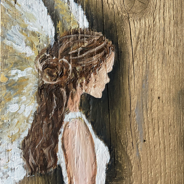 Angel of Gold, geschilderd op hout , handgeschilderd vierkant klein schilderij 