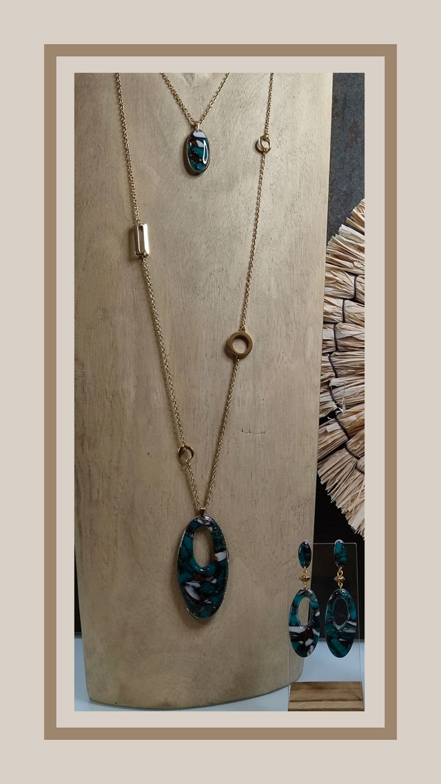 Parure faux turquoise cuivré ovale 