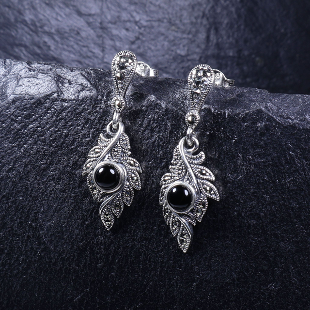 Sterling Silver 925 Art Deco Style Round Cabochon Cut Black Onyx Marcasite Gemstone Feather Design Drop Dangle Earrings