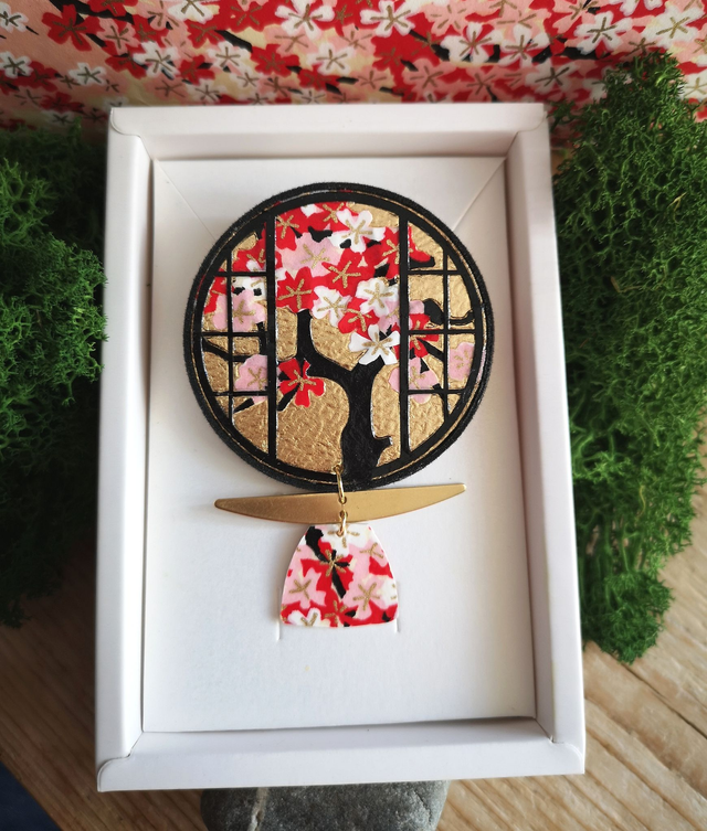 Broche - japonais - papier - washi - arbre - sakura - feuille de dorure - acier inoxydable - La&amp;Titia