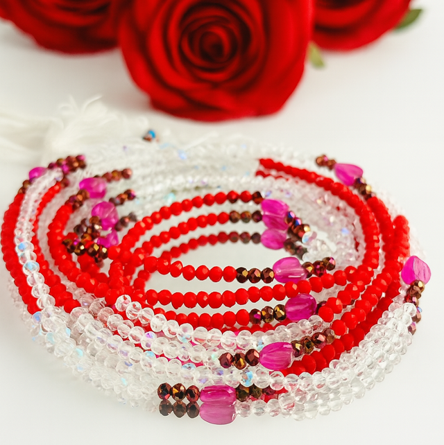 Sweet Clarity Heupketting  Heupketting 120cm– Kristal & Roze Hartjes