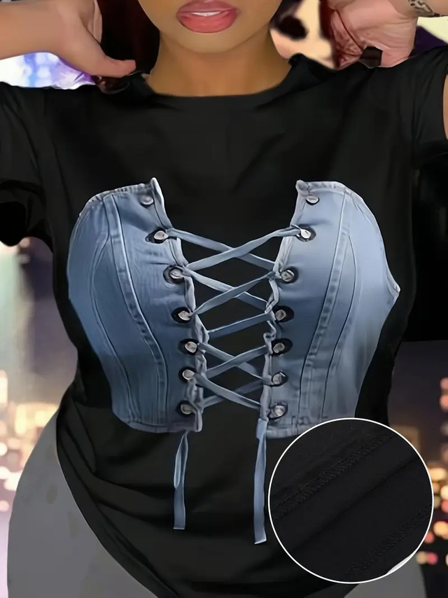 Women's Denim Tube Top Print Crew Neck T-shirt